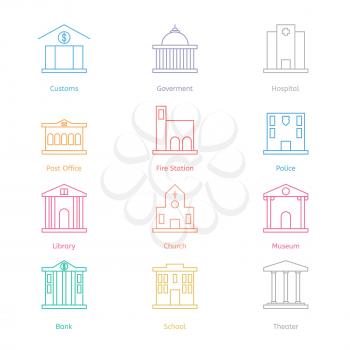 Government building icons set of police museum library theater isolated flat design Vector illustration