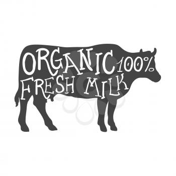 Hand Drawn Farm Animal Cow. Organic Fresh Milk Lettering. Vector Illustration