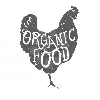 Hand Drawn Farm Animal Chicken. Organioc Food Lettering. Vector Illustration