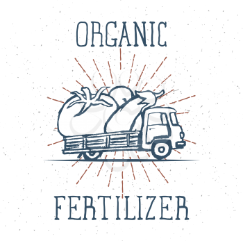 Hand Drawn Truck with Giant Vegetables with Organic Fertilizer Lettering. Vector Illustration