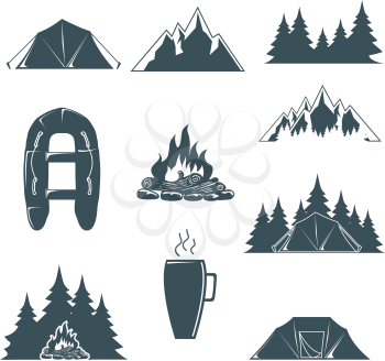Summer camp with design elements. Camping and outdoor adventure emblems. Camping tent, forest silhouette. Vector illustration