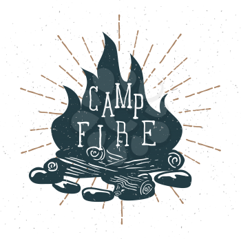 Hand Drawn Campfire with Vintage Sunburst. Vector illustration