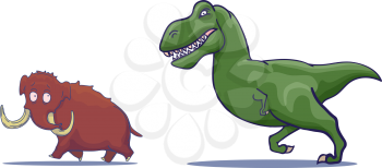 Hand Drawn Cartoon Tyrannosaur chasing Mammoth. Vector illustration