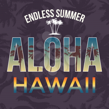Hawaii beach tee print with palm tree. T-shirt design graphics stamp label typography. Vector illustration