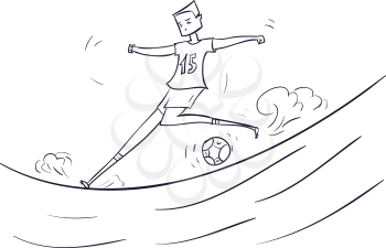 Hand Drawn Cartoon Running Soccer Player with Ball. Vector Illustration