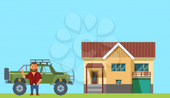 Flat Design Man with Home and Truck on Background. Vector illustration