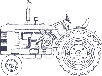 Vintage agricultural tractor isolated on white vackground. Vector illustration