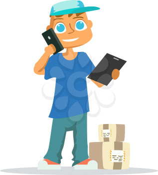 Delivery man in blue uniform holding boxes and documents in different poses. Vector illustration