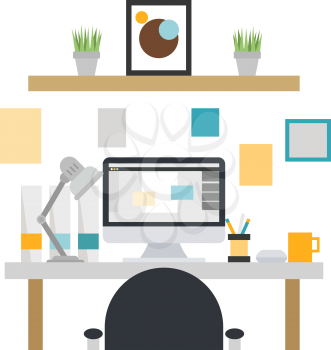 Work place with monitor. Flat design. Vector illustration
