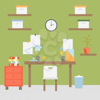 Work place with monitor. Flat design. Vector illustration
