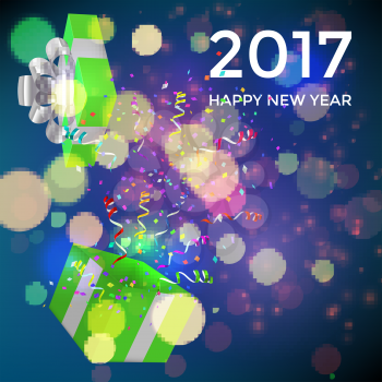 Open Xmas box with confetti on bokeh background. Vector illustration