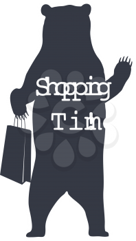 Hand drawn label grizzly bear vector illustration and Shopping Time inspirational lettering. EPS10