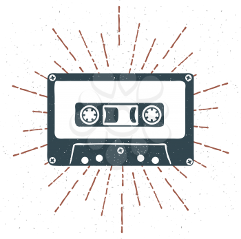Hand drawn 90s themed badge with audio cassette tape grunge textured and vintage sunburst. Vector illustration