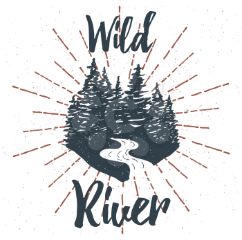 Hand drawn inspirational label with textured forest. Vector illustration