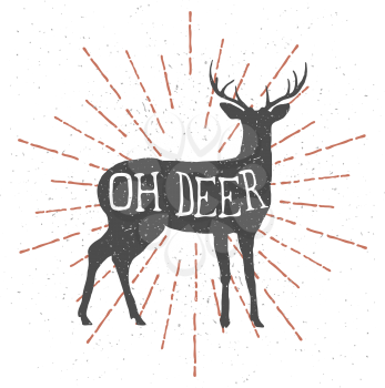 Hand drawn deer with vintage sunburst and lettering oh deer. Vector illustration