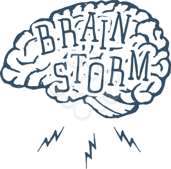 Hand drawn inspirational label with textured brain vector illustration and Brain Storm lettering. Vector illustration
