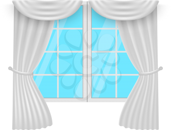 Window curtains. White curtans and windows. Vector illustration