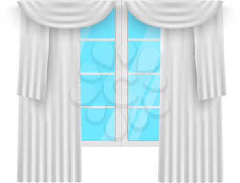 Window curtains. White curtans and windows. Vector illustration