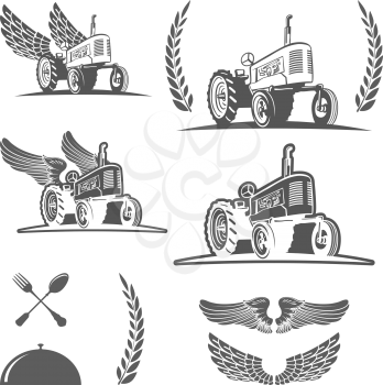 Set of retro farm tractor design, badges and design elements. Vector illustration