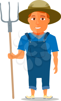 Cartoon Farmer Character with pitchfork. Vector illustration