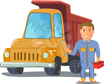 Cartoon mechanic with Truck on white background. Vector illustration