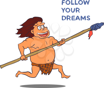 Cartoon Male Caveman Character with spear. Vector illustration