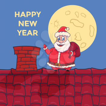 Cartoon Santa Claus Character standing on roof. Vector illustration