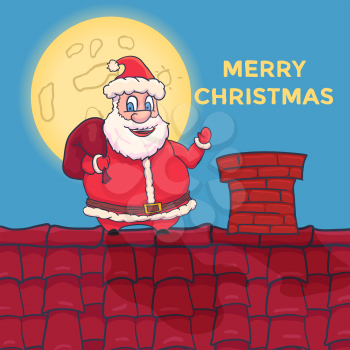Cartoon Santa Claus Character standing on roof. Vector illustration