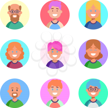 Flat design colorful icons collection of people avatars for profile page, social network, social media, different age man and woman characters, professional human occupation, portfolio. Vector illustration