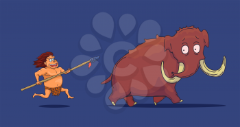 Cartoon Caveman with Spear hunting Mammoth. Vector illustration
