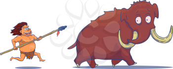 Cartoon Caveman with Spear hunting Mammoth. Vector illustration