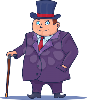 Cartoon Businessman Character with Cane and Top Hat. Vector illustration