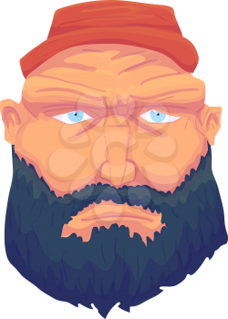 Cartoon Brutal Man Face with Beard and Red Hat. Vector illustration