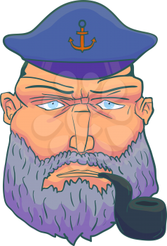 Cartoon Captain sailor face with Beard, Cap and Smoking Pipe. Vector illustration