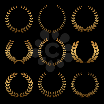 Gold award wreaths, laurel on black background. Vector illustration