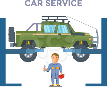 Repairman with Pickup truck Lifted on jack. Vector illustration