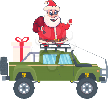 Santa Claus on pickup truck with xmas box. Vector Illustration