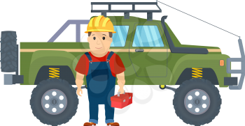 Construction worker with pickup truck. Vector illustration