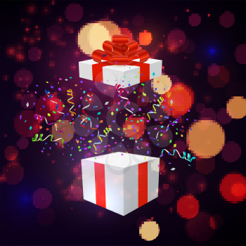 Open Xmas box with confetti on bokeh background. Vector illustration