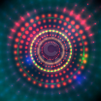 Round tunnel of shining flares. Glowing points form tunnel sectors. Abstract cyber colorful background for your designs. Elegant modern geometric wallpaper. Vector illustration