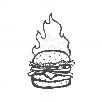 Burger Hand Drawn with Fire Flame. Vector illustration