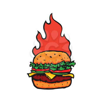 Burger Hand Drawn with Fire Flame. Vector illustration