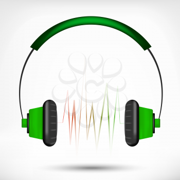 Modern Green plastic headphones with sound waves, white background
