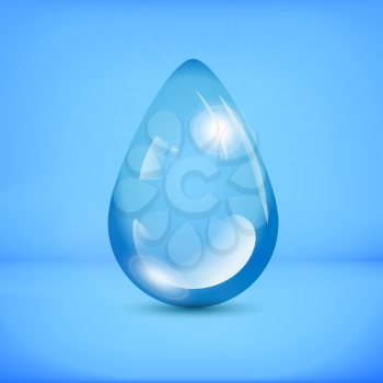 Blue shiny water drop with reflection. Vector illustration