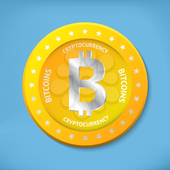 Golden bitcoin icon picture with blue background