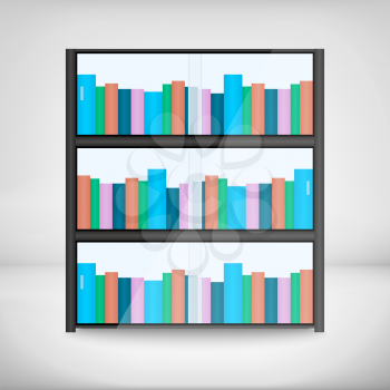 Shelves with colorful books in flat design style.
