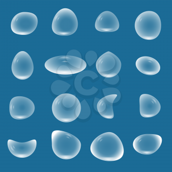 Blue transparent water drops set different forms