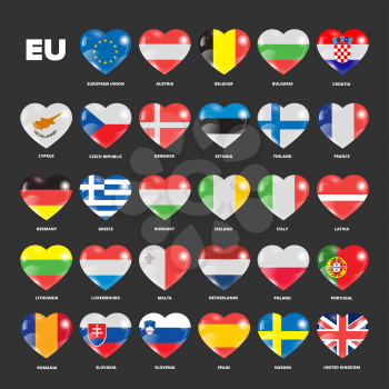 European Union flags in hearts set for using with dark backgrounds