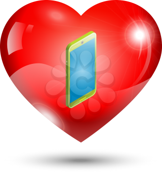 Illustration of a red heart icon with a mobile phone inside