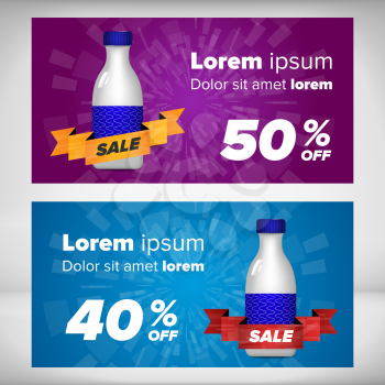 Sale banner template with bottle. Milk coctails